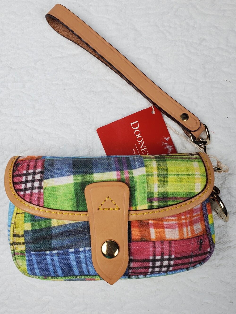VTG Dooney & Bourke Patchwork Plaid Picnic Ants Wristlet 6”x 4” Canvas & Leather
